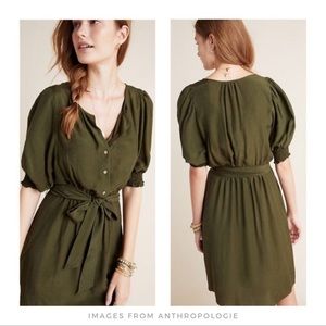 Anthropologie Nicole Puff Sleeve Shirtdress Army Green Size Small